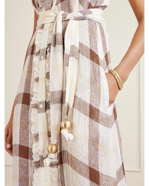 Lisa Marie Fernandez Natural Belted Embellished Tiered Ruffled Checked Linen-Blend Gauze Maxi Dress