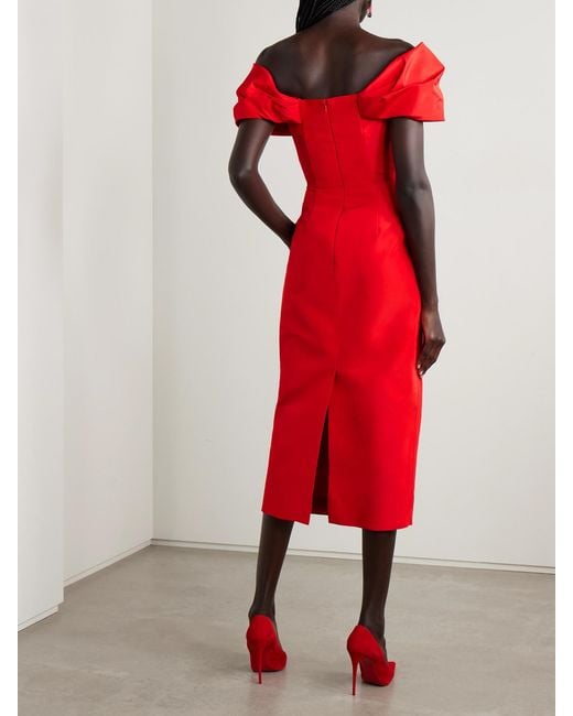 Carolina Herrera Red Off-The-Shoulder Pleated Silk-Faille Midi Dress