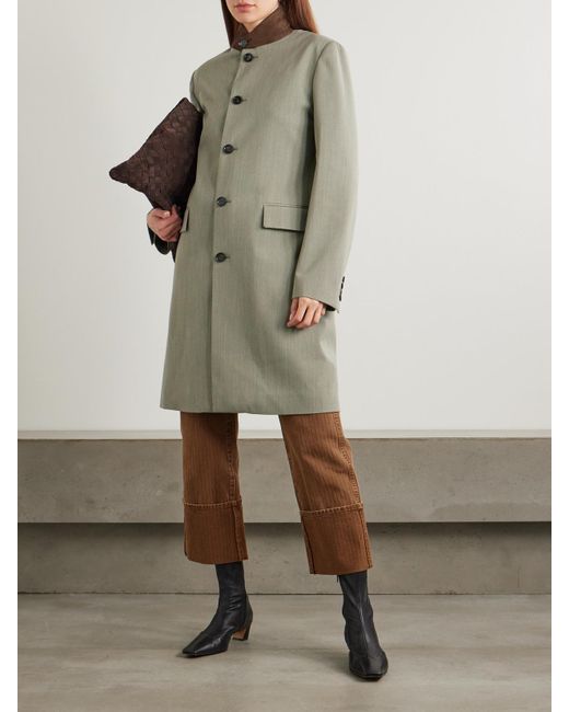Loro Piana Green Blain Suede-Trimmed Storm System Wool Coat