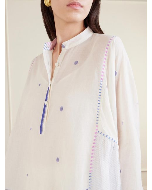 Eka White Cosmos Handwoven Cotton-Jamdani Blouse Patched With Printed Stripes