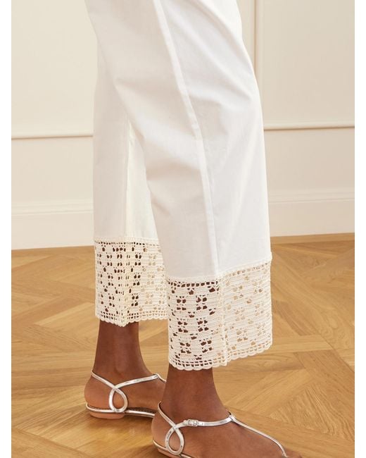 Calle Del Mar White Heriloom Lace-Trimmed Cotton-Poplin Wide-Leg Pants