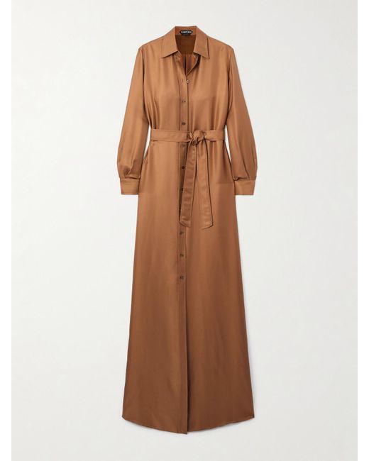 Tom Ford Brown Belted Silk-Twill Maxi Shirt Dress