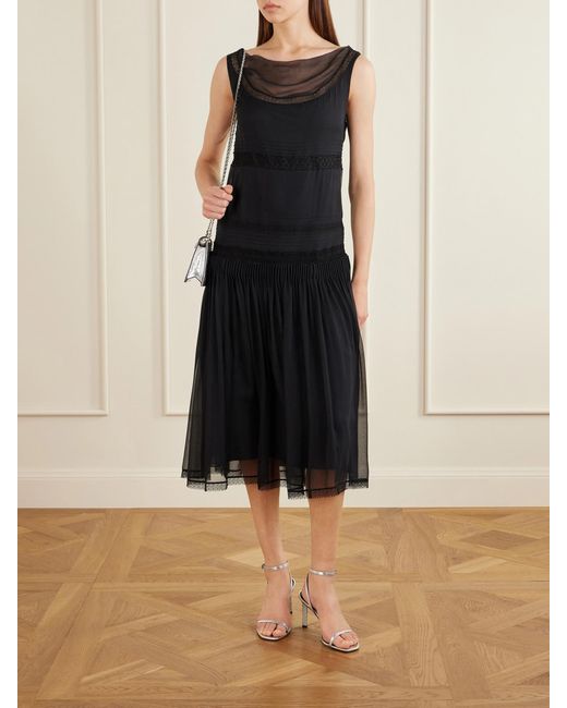 Tory Burch Blue Pleated Lace-Trimmed Silk-Georgette Midi Dress
