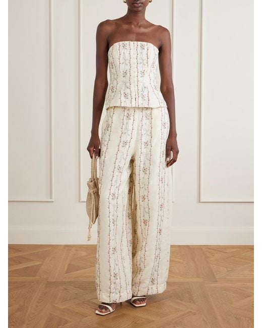 Agua Bendita Natural Abelia Navegante Floral-Embroidered Linen Corset Top