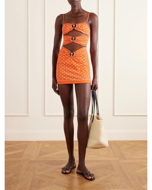 Christopher Esber Orange Orbit Embellished Ruched Cutout Printed Stretch-Jersey Mini Dress