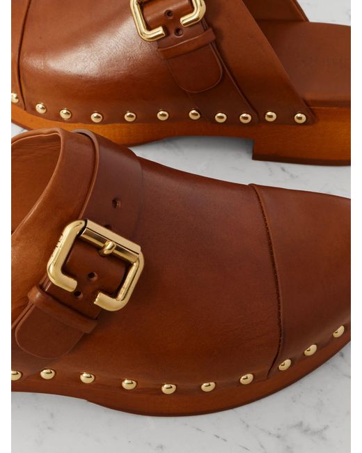 Chloé Brown Jeannette Embellished Leather Clogs