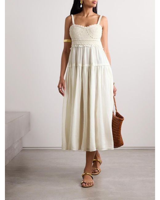 Ulla Johnson White Gisella Ruffled Crocheted Cotton-Trimmed Ramie Midi Dress