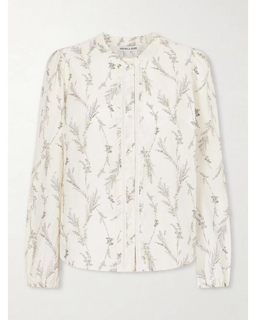 Veronica Beard Natural Emiko Floral-Print Embroidered Cotton And Silk-Blend Shirt