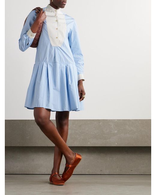 Thierry Colson Blue Lizbeth Pinstriped Cotton-Poplin Mini Dress