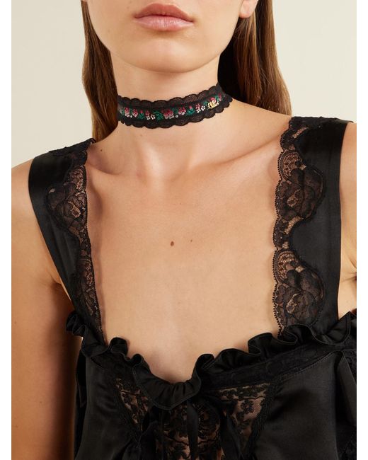 Chloé Black Ribbon Lace-Trimmed Floral-Jacquard-Tone Choker