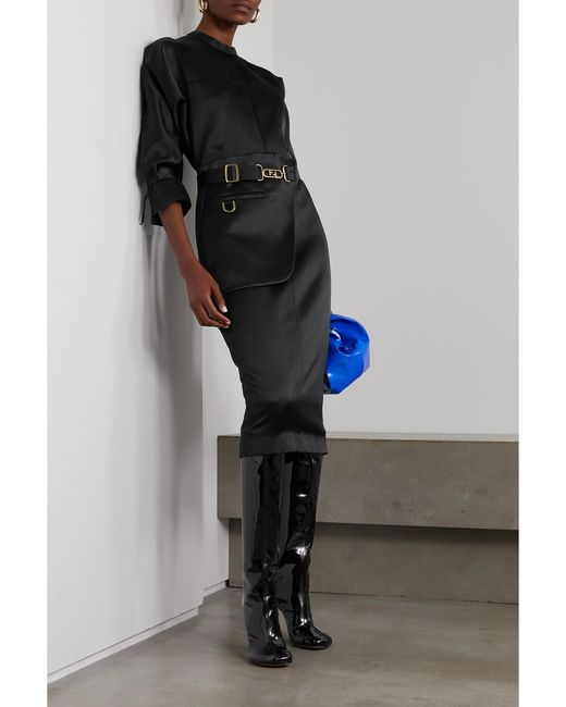 Fendi Black Belted Paneled Silk-Satin Midi Dress