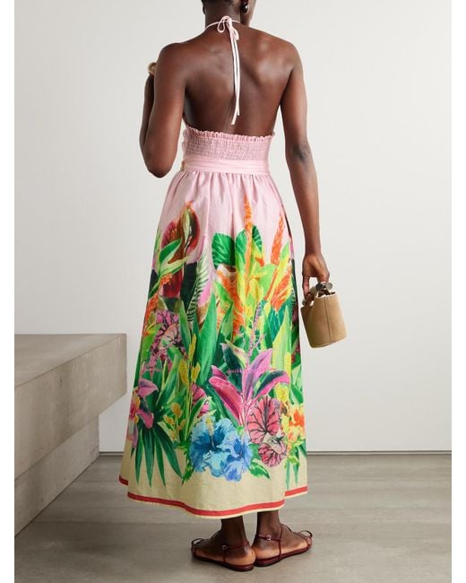 Loretta Caponi White Patmos Belted Floral-Print Cotton-Poplin Halterneck Maxi Dress