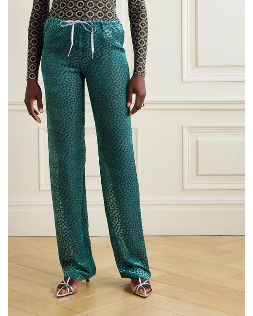 Dries Van Noten Green Polka-Dot Devoré-Velvet Straight-Leg Pants