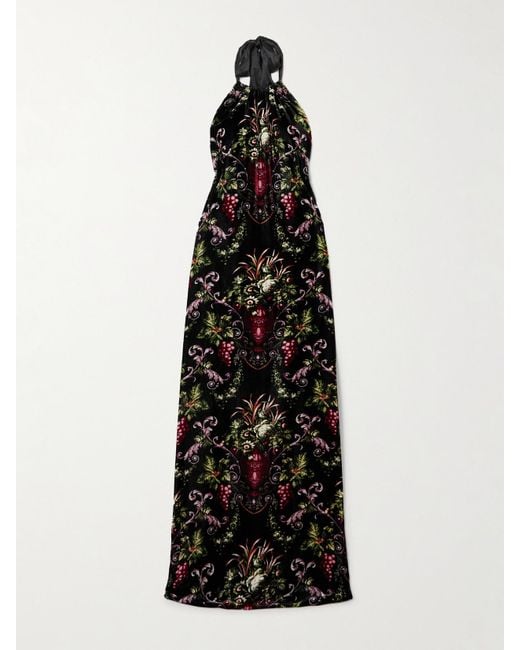Cara Cara Black Geneva Open-Back Satin-Trimmed Floral-Print Velvet Halterneck Maxi Dress