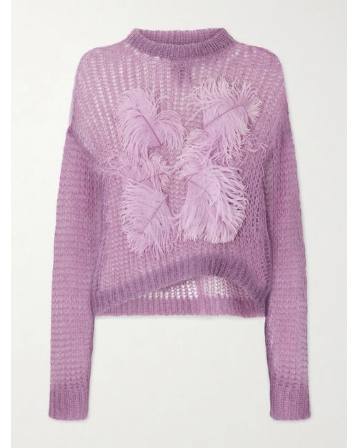 The Attico Purple Feather-Trimmed Crochet-Knit Mohair-Blend Sweater