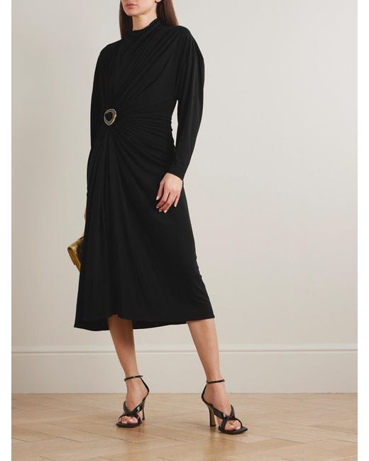 Bottega Veneta Black Embellished Gathered Jersey Midi Dress