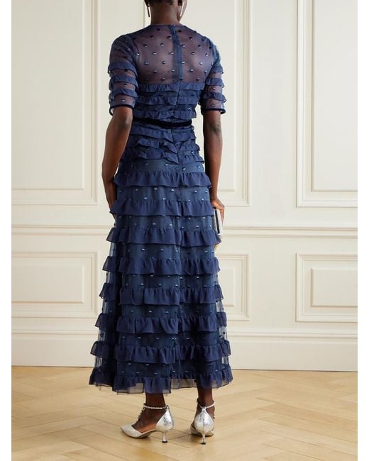 Costarellos Blue Velvet-Trimmed Point D'Esprit And Ruffled Chiffon Midi Dress