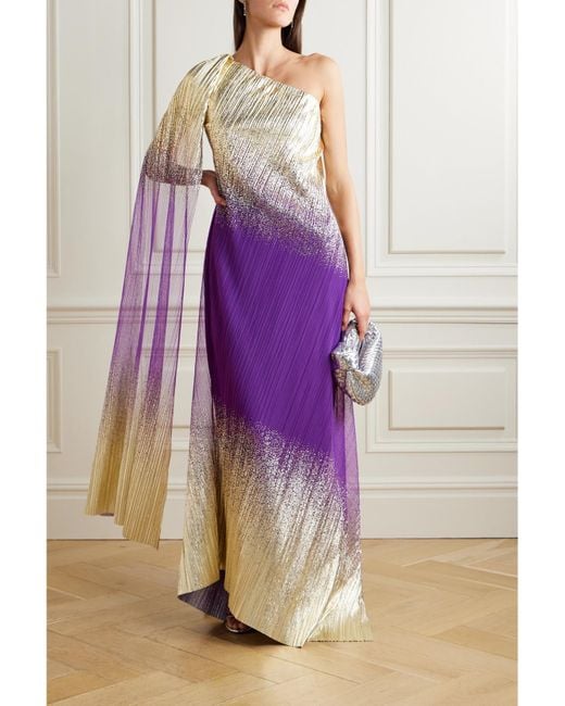 Dima Ayad Purple One-Shoulder Ombré Metallic Plissé-Tulle Gown
