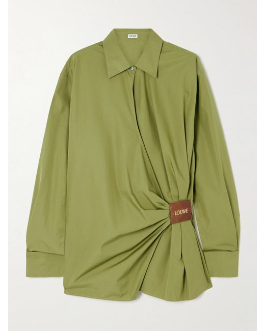 Loewe Green Wrap-Effect Leather-Trimmed Cotton-Poplin Shirt