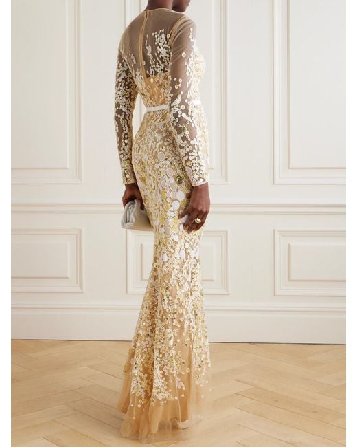 Elie Saab Natural Embroidered Sequin-embellished Tulle Gown