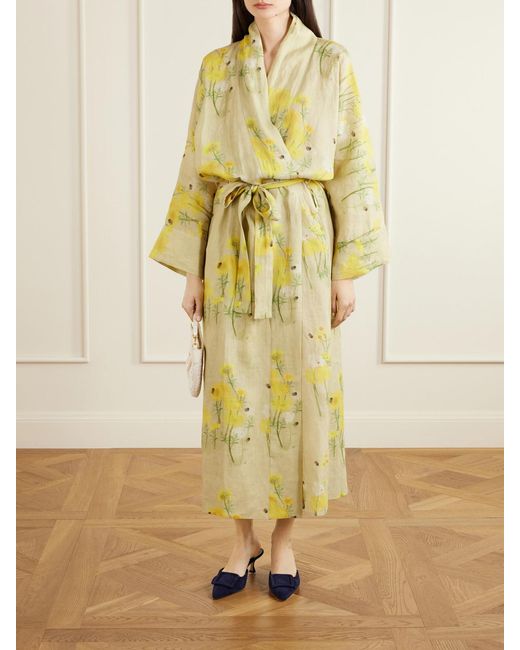 BERNADETTE Yellow Peignoir Belted Floral-Print Linen Maxi Dress