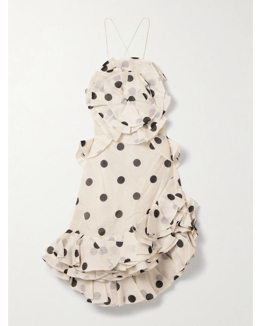 Zimmermann Natural Crush Ruffled Polka-Dot Linen And Silk-Blend Organza Mini Dress