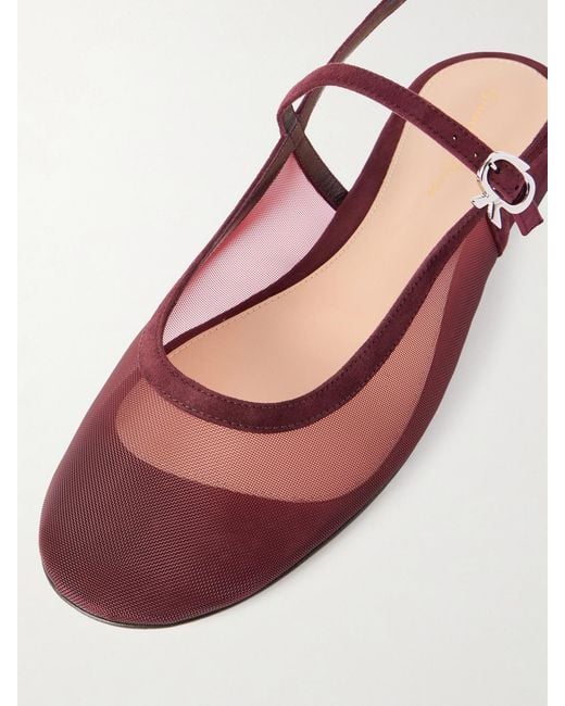 Gianvito Rossi Red Suede-Trimmed Mesh Slingback Flats