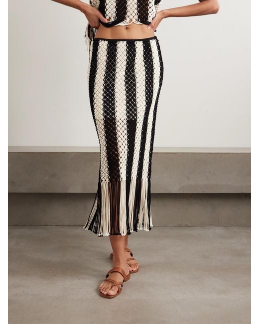 Zimmermann Black Wanderlust Fringed Striped Macramé Cotton Maxi Skirt