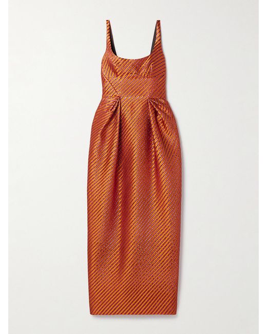 Christopher John Rogers Orange Pleated Striped Metallic Jacquard Maxi Dress