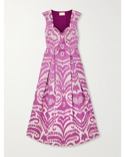 Marta Ferri Pink Guenda Pleated Cotton, Silk And Linen-Blend Jacquard Midi Dress