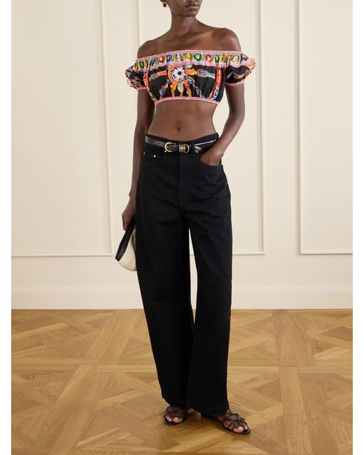 Dolce & Gabbana Black Carretto Off-The-Shoulder Cropped Printed Cotton-Poplin Top