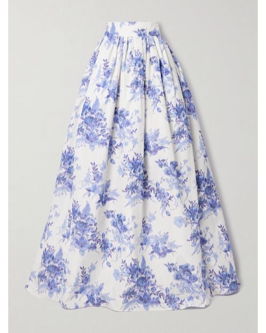 Carolina Herrera Blue Pleated Floral-Print Taffeta Maxi Skirt