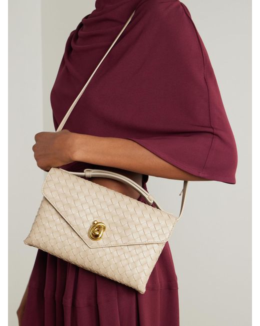 Bottega Veneta Natural Knot Lock Medium Intrecciato Leather Shoulder Bag
