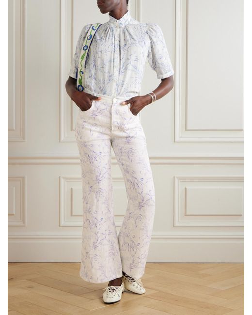 Alix Of Bohemia White Bunny Avian Printed Linen-Canvas Flared Pants