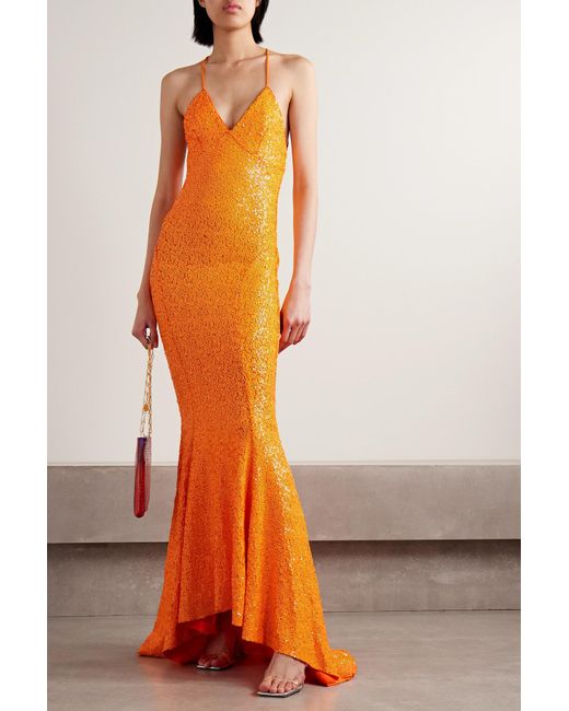 Norma Kamali Open-back Sequined Neon Stretch-jersey Gown in Orange | Lyst UK