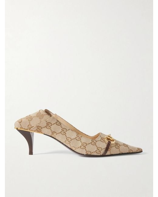 Gucci Natural Vittoria Collapsible-Heel Horsebit-Embellished Leather-Trimmed Canvas-Jacquard Pumps