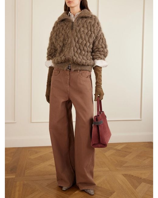Brunello Cucinelli Brown Embellished High-Rise Wide-Leg Jeans