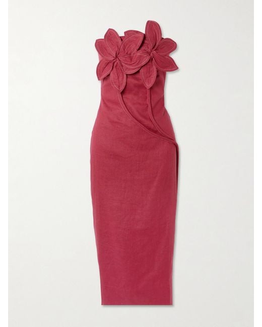 ANDRES OTALORA Red Florecer Strapless Appliquéd Linen Midi Dress