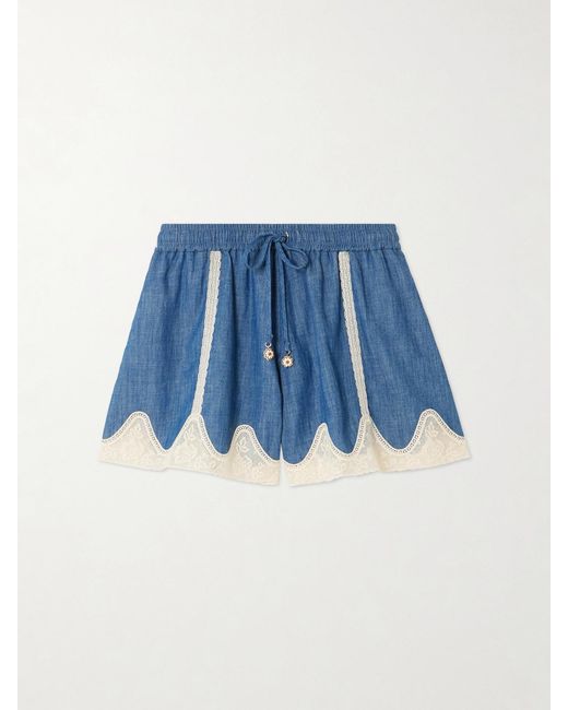 Zimmermann Blue Awaken Lace-Trimmed Denim Shorts