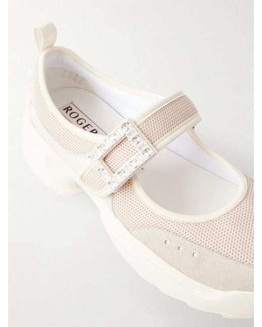 Roger Vivier Natural Viv On The Run Embellished Leather-Trimmed Mesh Mary Jane Sneakers