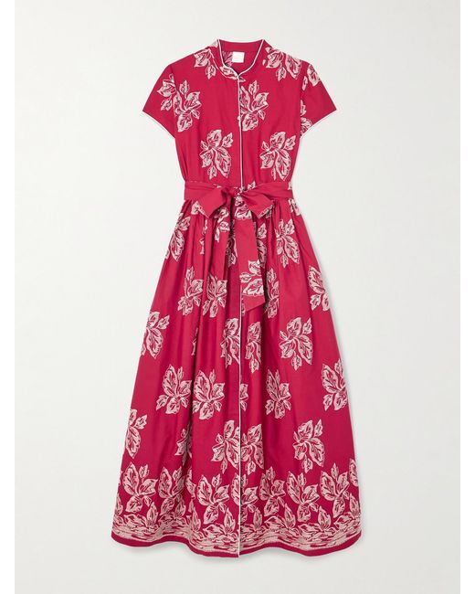 Loretta Caponi Pink Camaiore Belted Embroidered Cotton-Poplin Maxi Dress