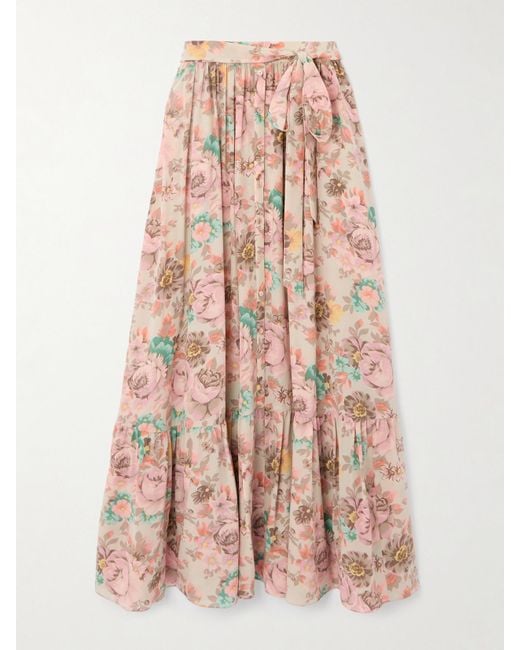 Chloé Pink Belted Floral-Print Silk Crepe De Chine Maxi Skirt