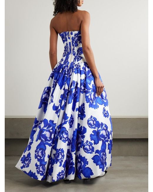 Aje. Behold Strapless Ruched Floral-Print Cotton-Poplin Gown in Blue | Lyst