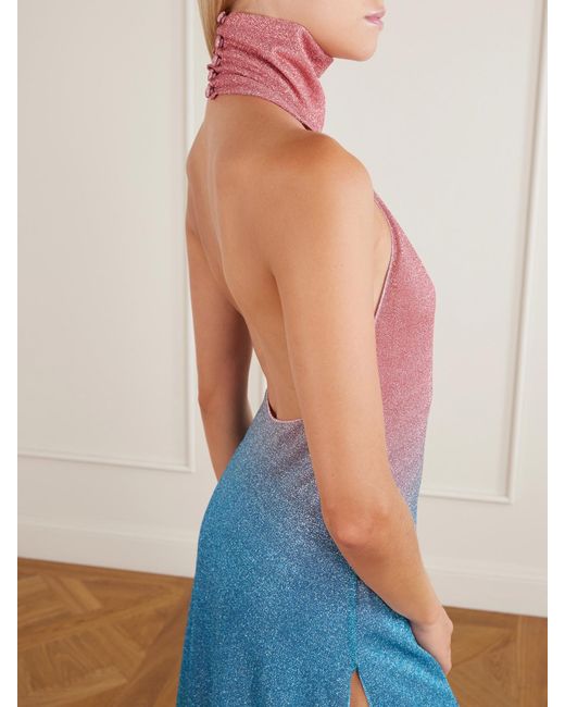 Oseree Blue Lumière Candy Ombrè Metallic Stretch-Knit Halterneck Maxi Dress
