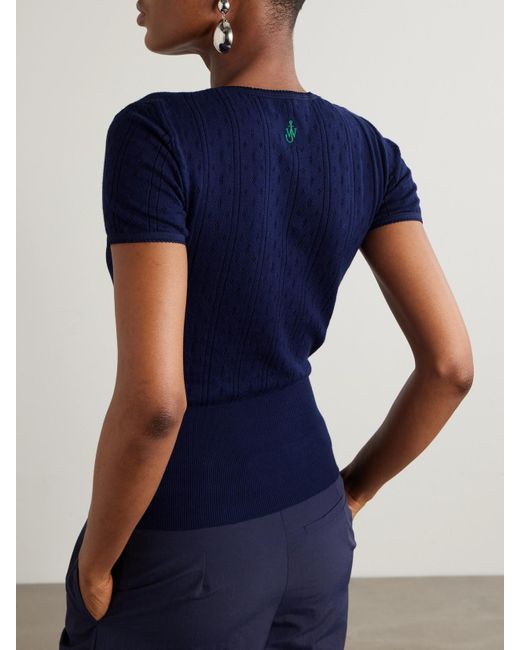 J.W. Anderson Blue Bow-Detailed Pointelle-Knit Cotton And Cashmere-Blend Top