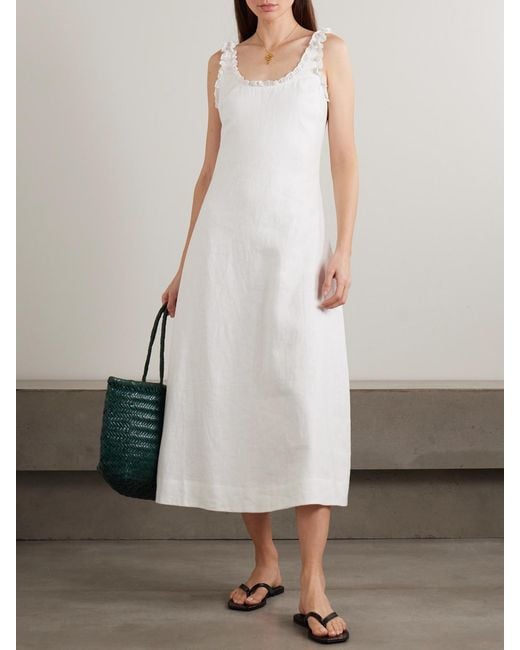 Posse White Florence Ruffle-Trimmed Linen Midi Dress