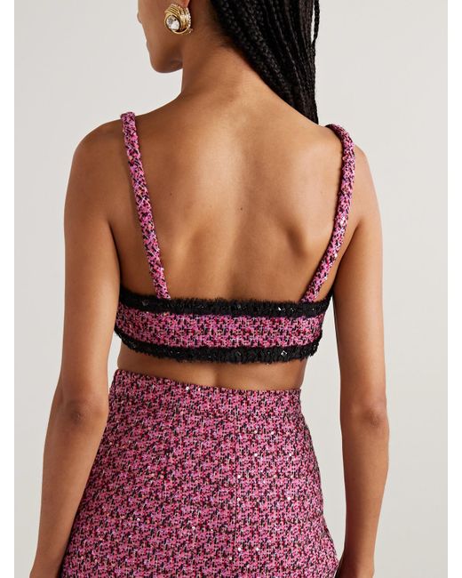 Alessandra Rich Pink Embellished Frayed Chiffon-Trimmed Metallic Tweed Bralette