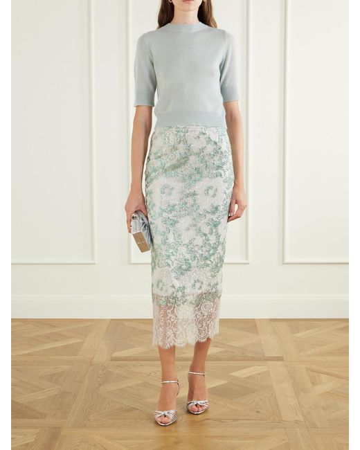Costarellos Green Tamlin Sequin-Embellished Lace Midi Skirt