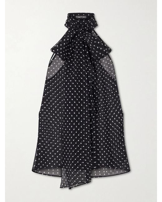 Tom Ford Blue Pussy-Bow Polka-Dot Silk-Georgette Top