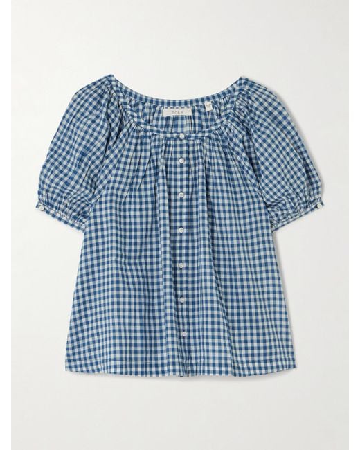 Doen Blue June Gathered Gingham Organic Cotton Blouse